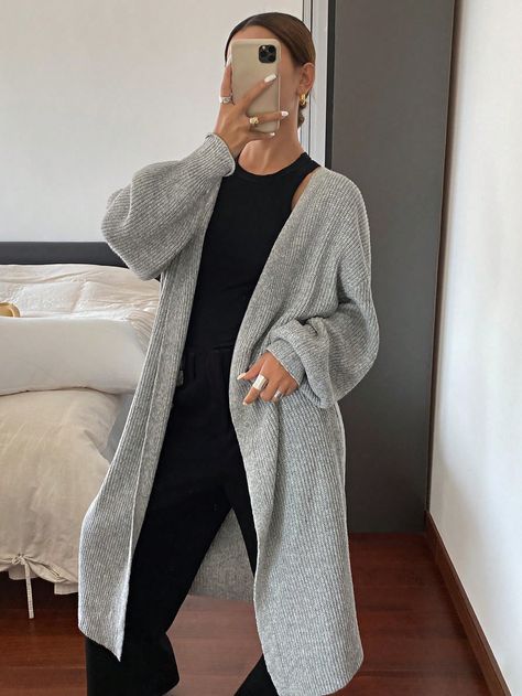 Women's Solid Grey Drop Shoulder Long Sleeve Loose Long Casual Warm Long Cardigan Sweater For Autumn And Winter,Grey Casual Outfit,Business Casual Women,Winter Clothes,Winter Women Sweater Coat,Fall Women Outfits,Women Sweaters,Homecoming,Long Cardigan Sweater,Solid Open Front Loose Knit Cardigan, Casual Long Sleeve Long Length Sweater, Women's Clothing Grey Casual  Long Sleeve Knitwear Plain  Non-Stretch  Women Clothing, size features are:Bust: ,Length: ,Sleeve Length: Long Gray Cardigan Outfit, Long Grey Cardigan Outfit, Business Casual Women Winter, Grey Casual Outfit, Grey Cardigan Outfit, Oversized Cardigan Outfit, Knitted Outfits For Women, Outfits With Grey Cardigan, Women Winter Clothes