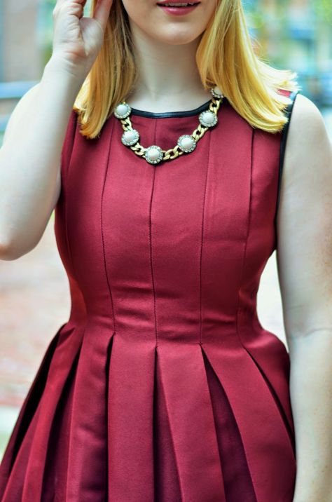 Vancouver Vogue: Pantone Colour of the Year Marsala box pleat dress & shoes from @saversvvillage, @nobisandgrey necklace Box Pleat Frock For Women, Box Pleated Frock, V-neck Dress With Pleated Bodice For Daywear, Pleated Button-up Office Dress, Luxury Pleated V-neck Dress, Box Pleat Top, Box Pleat Dress, Pantone Colour Of The Year, Pleat Dress