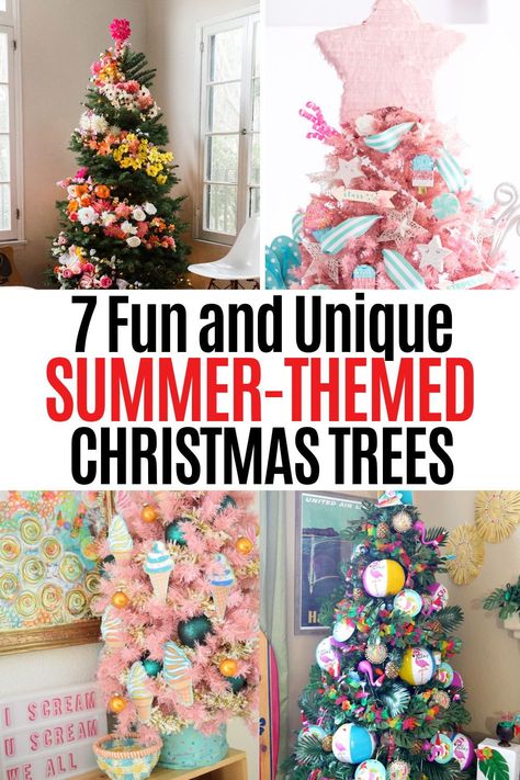 Bring some Christmas cheer to your summer with a summer Christmas tree! There are several fun options so you can pick the best one for your home. Summer Christmas Tree Ideas, Summer Christmas Tree, Spring Tree Decorations, Themed Christmas Trees, Floral Christmas Tree, Summer Trees, Holiday Tree Decorations, Summer Christmas, Christmas Tree Inspiration