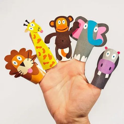 Finger Puppets Printable, Paper Finger Puppets, Animal Puppets, Jungle Crafts, Elephant Crafts, Paper Plate Crafts For Kids, Puppets For Kids, Puppets Diy, Paper Puppets