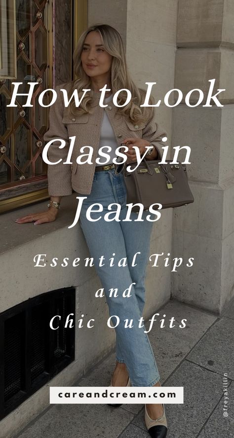 Unlock the secrets to how to look classy in jeans through our blog post. From elegant jeans outfit classy examples to chic style inspirations, we have it all! Perfect for jeans outfit women who want a trendy makeover. Learn how to style jeans for a polished and stylish look. Reinvent jeans dressed up into elegant outfits with jeans - infusing style, elegance, and femininity. Achieve a stylish, cute appearance with our step-by-step guide. Fall High Waisted Jeans Outfits, Old Money Casual Outfits Jeans, Casual Jean Outfits Fall, Cream Sweater And Jeans Outfit, Dress Jeans Women, Style Jeans For Work, Wear Jeans To Work Women, Casual Light Jeans Outfit, High Rise Cropped Jeans Outfit