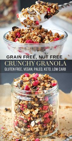 Nut Free Granola Recipe, Low Carb Granola Recipe, Crunchy Granola Recipe, Paleo Granola Recipe, Oatmeal Breakfast Bars Healthy, Gluten Free Granola Recipe, Nut Free Granola, Healthy Breakfast Bowl, Sugar Free Breakfast