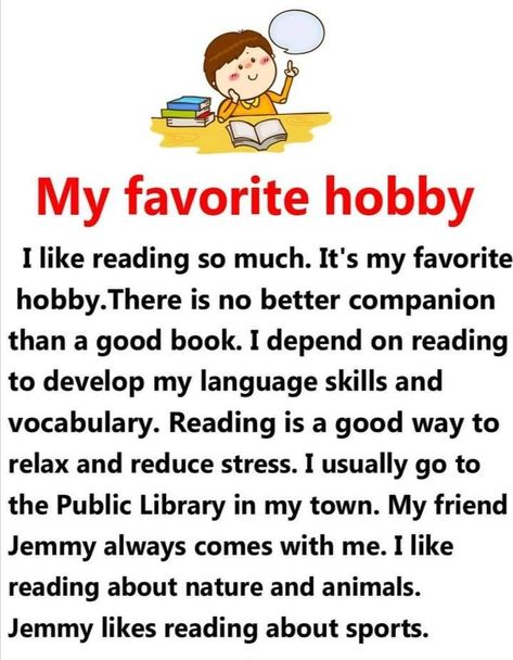 My favorite hobby  . English reading practice for kindergarten , grade one. Learn english. Essay my favourite hobby . Hobby Reading, Reflection Essay, Learn To Read English, English Poems For Kids, Struktur Teks, Essay Ideas, Tatabahasa Inggeris, Reading Comprehension For Kids, English Stories For Kids