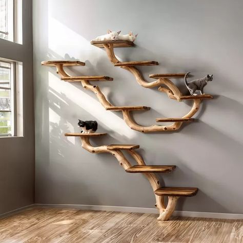 whiskersmagoo's Cat Tree Leaves Product Set on LTK Cat Tree Wall Ideas, Modern Cat Furniture Diy, Real Cat Tree, Cat Tree Branch Diy, Cat Tree Tree, Tree Branch Shelves, Cat Shelves Diy Climbing Wall Corner, Indoor Cat Tree Ideas, Cat Tree On Wall