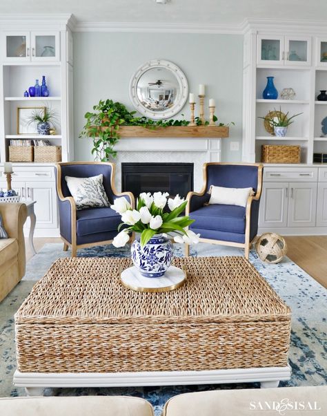 White Family Rooms, Blue And White Living Room, White Living Room Decor, Living Room Update, Coastal Living Rooms, Coastal Living Room, White Living, White Living Room, Blue Living Room