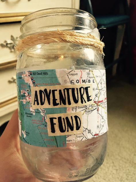 DIY adventure fund mason jar! Adventure Jar Ideas, Adventure Fund Jar, Travel Jar Ideas, Swear Jar Ideas Diy, Money Jar Aesthetic, Diy Money Jar, Savings Jar Diy, Adventure Fund, Travel Jar