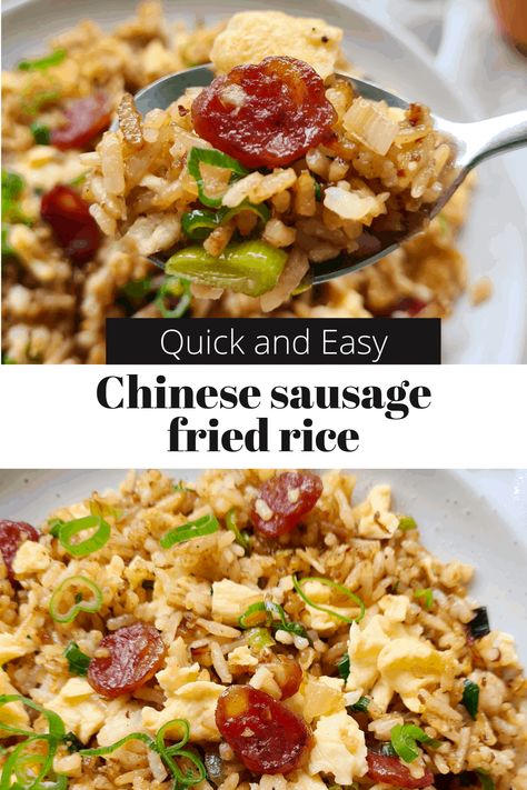 Chinese sausage fried rice Budget Chinese Recipes, Lap Cheong Fried Rice, Lap Xuong Recipes, Chinese Style Sausage Recipes, Lap Cheong Recipe, Recipes With Chinese Sausage, Noodle Meals, Sausage Fried Rice, Delicious Fried Rice