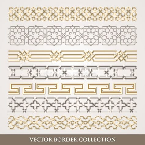 Islamic Seamless Geometric Border Set Stock Vector - Illustration of arabesque, gold: 108018574 Geometrical Border Design, Simple Islamic Motifs, Islamic Art Pattern Arabesque, Islamic Border Design Frames, Islamic Motifs Design, Islamic Patterns Vector, Geometric Border Design, Islamic Patterns Geometric, Arabic Pattern Design