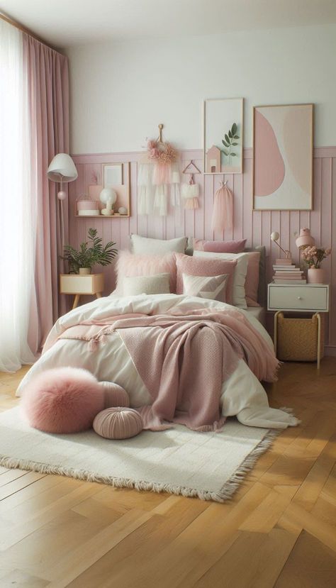 Cozy Bedroom For Teenage Girl, Teen Room Makeover Inspiration, Neutral Girls Bedroom Ideas, Cozy Teen Girl Bedroom, Girls Accent Wall Bedroom, Dusty Rose Room, Girly Room Ideas For Women, Cozy Pink Bedroom, String Lights Bedroom