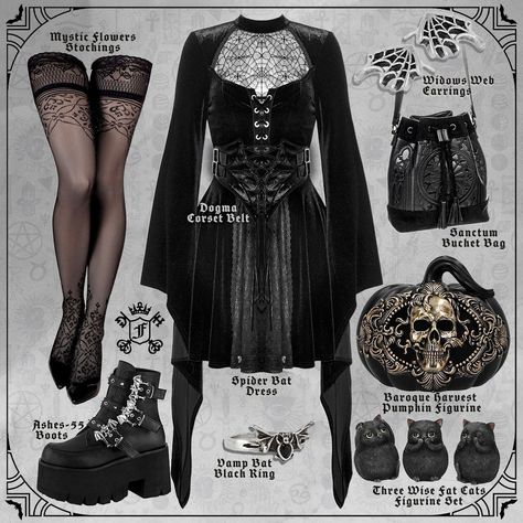 🎃🕸️ Step into the Darkness with our Black Halloween Widow Witch Set! 🕸️🎃 Unveil your gothic enchantress with this spellbinding outfit: 🕷️ Spider Bat Dress: Embrace the dark allure with this bewitching dress. 🕸️ Widows Web Earrings: Add a touch of gothic elegance to your look. 🖤 Vamp Bat Black Ring: Perfect for casting stylish spells. 👜 Sanctum Bucket Bag: Carry your essentials in gothic grandeur. 🌸 Mystic Flowers Stockings: Intricate and enchanting, just like you. 👢 ASHES-55 Ankle Boots: Ste... Gothic Witchy Outfits, Gothic Witch Costumes, Dark Witch Outfit, Dark Witch Halloween, Dark Witch Costume, Witch Outfit Halloween, Spider Witch Costume, Enchantress Dress, Widow Outfit