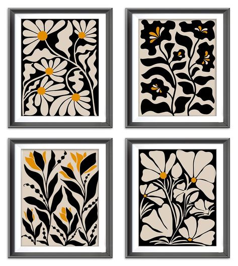 PRICES MAY VARY. 👍◆Introducing our Boho Black Flowers Plant Poster set, the perfect addition to any home decor. With a trendy vintage black floral botanical design, these canvas wall art prints will instantly elevate the style of your living room or bedroom. 👍◆Featuring a minimalist modern aesthetic, these black and white flower prints are not only visually appealing but also versatile, complementing a range of interior design themes. Their monochromatic color palette allows them to blend seam Black Living Room Accents, Bohemian Flowers Drawing, Home Office Taupe, Black And White Folk Art, Black And White Bathroom Decor Wall Art, Black And White Boho Office, Monochromatic Wall Art, Green And Black Office Decor, Wall Art Set Of Two