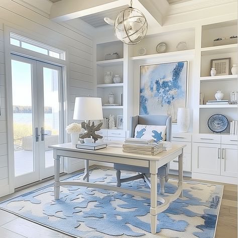 Coastal-Inspired Blue and White Home Office Concept Coastal Modern Office Design, Coastal Office Space, Light Blue Office Ideas, Travel Office Interior Ideas, Blue Study Room, Blue And White Home Office, Blue Office Design, Blue And White Office, Blue Office Ideas