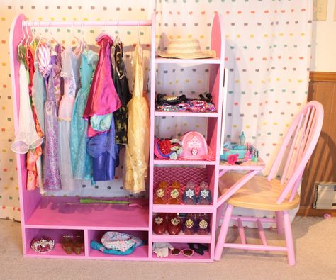 DIY Dress Up Station With Vanity: My daughter loves to dress up, in fact I think she owns every Disney Princess dress there is. If you have someone in your family who loves to dress up as much as my daughter, this build is for you! Diy Dress Up Station, Toddler Vanity, Every Disney Princess, Dress Up Stations, Toddler Dress Up, Dress Up Closet, Girls Room Diy, Disney Princess Dress, Dress Up Storage