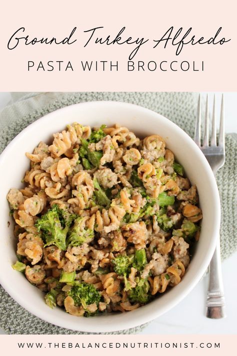 Turkey Alfredo Pasta, Ground Turkey Alfredo, Turkey Alfredo, Ground Turkey Pasta, Pasta With Broccoli, Meal Rotation, Turkey Pasta, Rotini Pasta, Alfredo Pasta