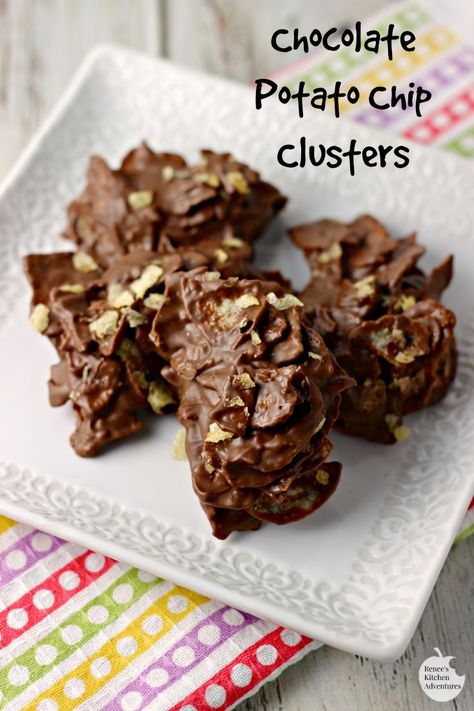 Chocolate Potato Chip Clusters | Renee's Kitchen Adventures: Sweet, salty, crunchy indulgence! Chocolate Covered Chips Recipe, Ripple Chips And Chocolate, Best Homemade Candy, Potato Chips And Chocolate, Potato Chip Chocolate Bark, Chocolate And Potato Chip Clusters, Chocolate Covered Potato Chips Recipe, Potato Chip Dessert Recipes, Sweet Crunchy Snacks