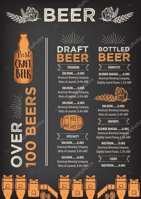 Beer Menu Design, Beer Types, Beer Menu, Beer Pairing, Premium Beer, Restaurant Menu Template, Beer Logo, Desserts Menu, Beer Design