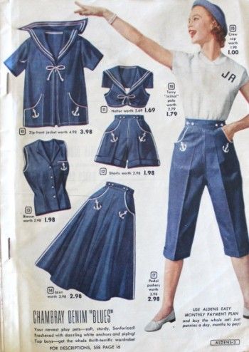 1953- Playclothes were the one clothing style that kept the nautical look alive in the early 50s. 1950s History, 1950s Summer Fashion, Spongebob Costume, 1950s Summer, 40s Mode, 1950s Shorts, Fashion 60s, Mode Retro, Fashion 50s