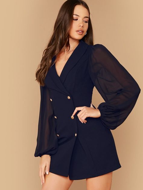 Shawl Collar Sheer Bishop Sleeve Double Breasted Blazer Dress | SHEIN Double Breasted Blazer Dress, Ruffle Hem Blouse, Blazer Mini Dress, Striped Tunic Dress, Dress With Shawl, Trim Dress, Ribbed Knit Dress, Women Shawl, Bishop Sleeve