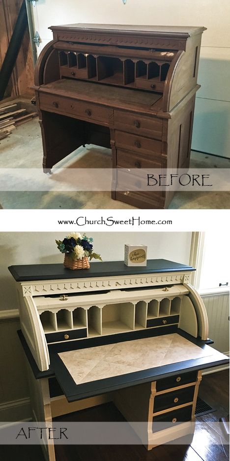 Painted Antique Desk, Diy Old Furniture Makeover, Old Furniture Makeover, Refurbished Desk, Painted Trim, Roll Top Desk, Desk Makeover, Furniture Update, Diy Furniture Renovation