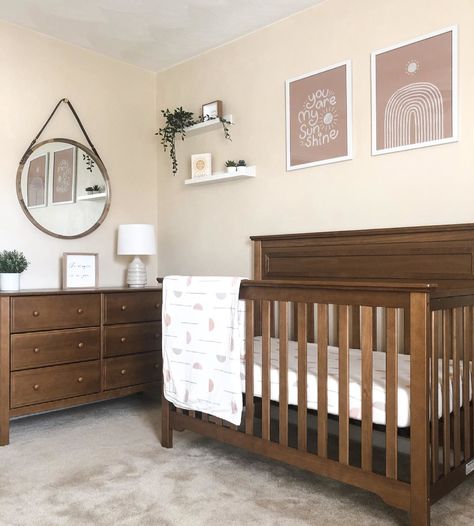 Dark Walnut Crib Nursery, Dark Brown Crib Nursery Girl, Gender Neutral Nursery With Dark Wood Crib, Nursery Ideas With Dark Wood Crib, Nursery With Oak Furniture, Brown Wood Nursery, Dark Brown Furniture Nursery, Nursery Ideas Wood Crib, Espresso Furniture Nursery