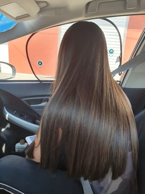 Long Hair Silky, Beautiful Shiny Hair, Long Silky Brown Hair, Straightened Hair Aesthetic, Silky Brunette Hair, Keratin Hair Aesthetic, Long Hair One Length, Brunette Long Hairstyles, Long One Length Hair