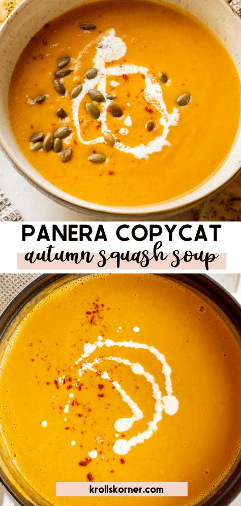 Panera Autumn Squash Soup is creamy, silky-smooth and made with roasted butternut squash, pumpkin, and carrots. It's Fall in a bowl! Butternut Squash Pumpkin Soup Coconut Milk, Butternut Squash Soup Tumeric, Butternut Squash Chowder, Copycat Butternut Squash Soup Panera, Taste Of Home Butternut Squash Soup, Butternut Squash Queso, Martha Stewart Apple Butternut Squash Soup, Maple Squash Soup, Autumn Harvest Soup Panera