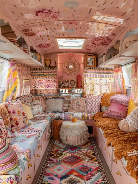 Bachelorette Cottage, Camper Design Ideas, Shabby Chic Campers, Hippie Camper, Rv Living Room, Camper Design, Rv Bus, Bus Ideas, Vintage Camper Remodel