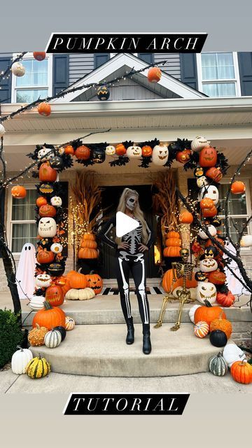 Macy Blackwell on Instagram: "Pumpkin Arch🎃+Spooky Trees🖤Tutorial! Now’s the time to start planning and prepping your Halloween porch! Excited to recreate this at our new house this year! Here’s how we did this! 

1. Lots of faux pumpkins! Start buying them now! Need to be hollow craft pumpkins, I did various sizes and shapes! 
2. A few weeks out, start carving the faces! This is tedious, so give yourself a few days and some extra hands! 
3. Every porch is different, but for this one a PVC pipe base worked perfectly for securing the horizontal row of pumpkins. (Also perfect is you don’t have thin enough columns or no columns at all)
4. Make 2 slits on the back of each pumpkin (horizontally) and one in the center that is just big enough to fit a C9 light. 
5. Take a xl zip tie, and feed i Pumpkin Bucket Archway, Pvc Pumpkin Arch, Halloween Porch Arch, Pumpkin Archway Diy, Halloween Columns, Pvc Pumpkin, Stacking Pumpkins, Pumpkin Arch, Halloween Arch