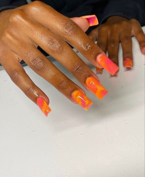 Pink Red And Orange Nails, Pink And Orange Nails Short, Orange And Hot Pink Nails, Hot Orange Nails, Orange And Pink Nails, Orange Acrylic Nails, Girls Nail Designs, Overlay Nails, Orange Nail Designs