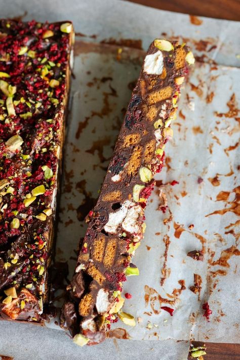 Christmas Rocky Road | Pick Up Limes Autumn Appetizers, Vegan Rocky Road, Christmas Rocky Road, Rocky Road Recipe, British Desserts, Dried Pineapple, Freeze Dried Raspberries, Dried Raspberries, Freeze Dried Strawberries