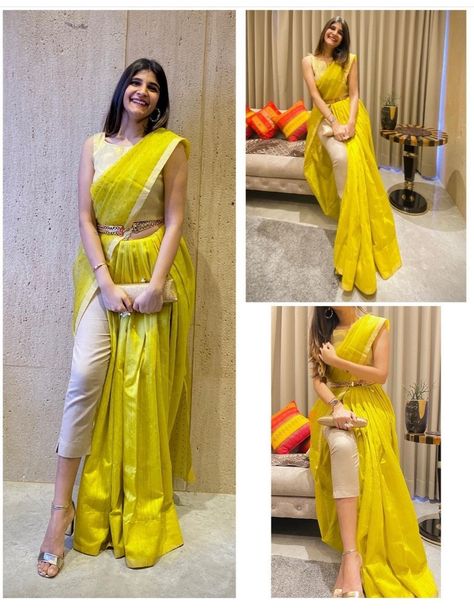 Saree With Kurti, Fusion Saree Style, Saree Transformation To Dress, Saree With Pants Fashion Styles, Mismatch Theme Outfit, Indowestern Saree Draping, Indowestern Outfits Women, Indowestern Outfits Casual, Mismatch Outfit Ideas