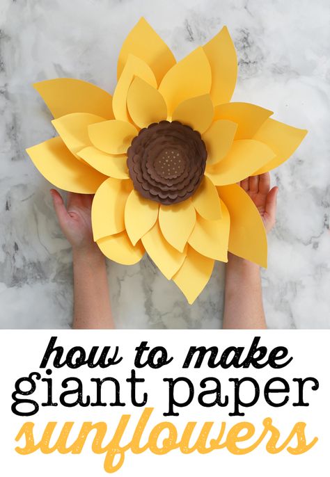 Learn how to make giant paper sunflowers out of cardstock. Free SVG cut files and printable templates. Sunflower Office Decor Ideas, Cricut Sunflower Projects, Sunflower Diy Crafts, Sunflower Classroom Theme, Sunflower Classroom Decor, Sunflower Craft, Free Paper Flower Templates, Sunflower Template, Sunflower Crafts