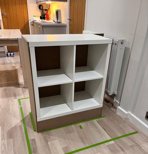 Cube Storage Kitchen Island, Kallax Breakfast Bar, Diy Cubicle Shelf, Kallax Hack Kitchen, Cubicle Shelf, Diy Cubicle, Kitchen Island Hack, Ikea Cubes, Ikea Kallax Unit