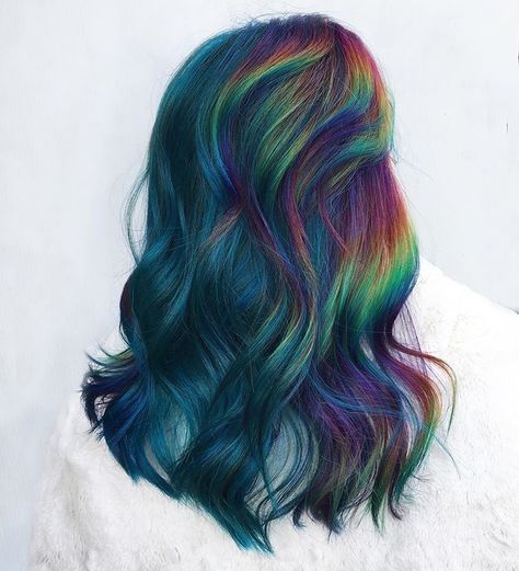 Dark Rainbow Hair Color, Peekaboo Pixie Hair, Hair Artist Aesthetic, Blue Rainbow Hair, Subtle Rainbow Hair, Witchy Hair Color, Northern Lights Hair, Dark Rainbow Hair, Rainbow Balayage