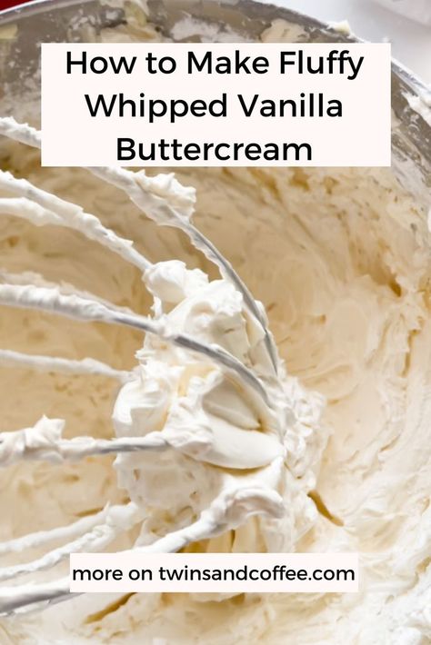 This buttercream frosting recipe is both fluffy + easy to make! The whipped buttercream is a lighter version of buttercream icing, kind of like a mix of whipped topping icing and regular buttercream icing. It is perfect for cakes, cupcakes, or by the spoonful! Buttercream Cake Frosting, Whipped Icing Recipes, Vanilla Icing Recipe, Vanilla Buttercream Cake, Icing Recipe For Cake, Vanilla Buttercream Recipe, Whipped Cream Buttercream, Whipped Buttercream Frosting, Fluffy Buttercream Frosting