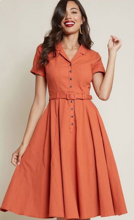 The best shirt dress outfit for women & t shirt fashion | RED SHIRT DRESS - Looking for the perfect office dress shirt outfit to wear for summer? These shirt dress outfits and styles shirt are perfect to wear for warm weather. Find the best casual and chic dress shirt outfits for women that are, comfortable, and also the best fashionable t shirts summer outfits for women. #shirtdressoutfit #shirtdress #tshirtstyle #styleshirt #summeroutfits Modesty Clothing, Orange Dress Shirt, Form Fitting Clothes, 1950s Fashion Dresses, Shirt Dress Outfit, Shirtwaist Dress, Vestidos Vintage, 50s Dresses, 1950s Dress