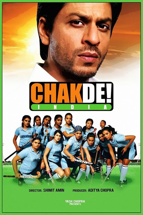 A motley, ragtag women's hockey team from India triumphs against all odds in the World Cup Hockey Tournament, coached by a former India player looking for redemption. Chakde India, India Movie Poster, Chak De India, Hindi Bollywood Movies, Old Film Posters, India Poster, Best Movie Posters, Famous Movies, Bollywood Movie