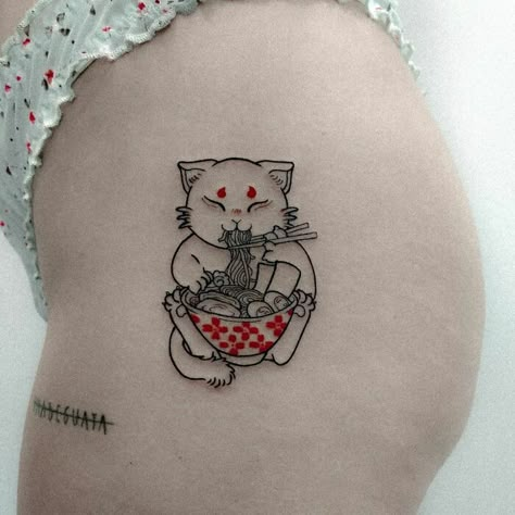 Cat Eating Sushi Tattoo, Ramen Matching Tattoo, Ramen Tattoo Minimalist, Cat Eating Ramen Tattoo, Cat Ramen Tattoo, Chinese Rat Zodiac Tattoo, Asian Food Tattoo, Noodle Bowl Tattoo, Chinese Cat Tattoo