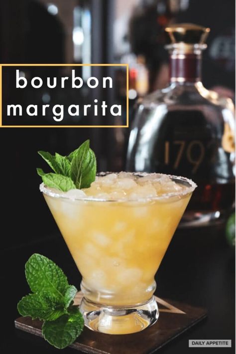 Bourbon Margarita Cocktail garnished with mint. A text box that reads, bourbon margarita Bourbon Margarita, Best Margarita, Best Bourbon, Bourbon Recipes, Traditional Margarita, Mom Recipes, Mexican Drinks, Bourbon Drinks, Best Bourbons