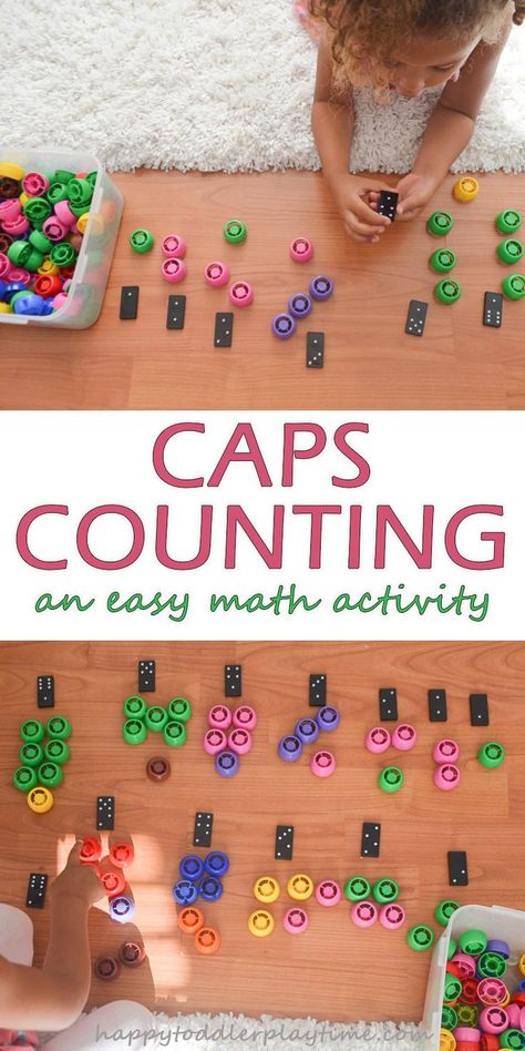 Caps Counting - HAPPY TODDLER PLAYTIME This is a fun and simple to set up math activity using dominoes and squeeze pouch caps! Perfect for preschoolers and kindergartners. Breakfast Invitation, Number Activities Preschool, Easy Math Activities, Toddler Math, Toddler Breakfast, Fun Math Activities, Teaching Numbers, Cap Ideas, Numbers Preschool