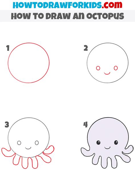 How To Draw An Octopus, How To Draw For Kids, How To Draw Octopus, Octopus Drawings, Draw An Octopus, Cute Easy Animal Drawings, Drawing Ideas For Kids, Easy Animal Drawings, Easy Art For Kids