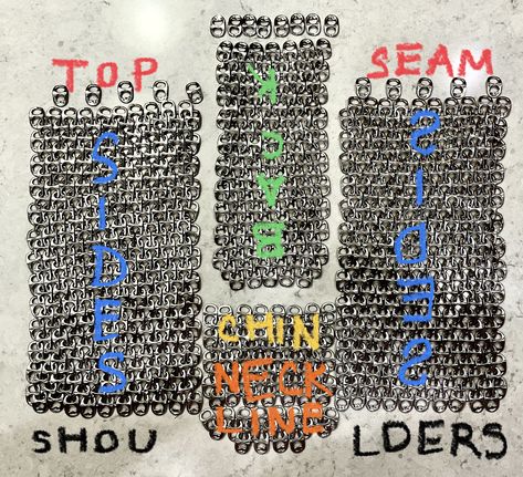 POP TAB CHAINMAIL - headpiece TEMPLATE - if change in size necessary then maybe expand/contract at the seams (or add a skull cap inside); clipped ends point up! Top seam (unclipped) tabs alternate; also unclipped is the row under the chin which is straight when laid out but bows down when raised; string goes three times around the face. Pop Tab Chain Mail, Chainmail Headpiece, Tab Chainmail, Can Tabs, Soda Tabs, Pop Tabs, A Skull, Halloween 2024, Chain Mail