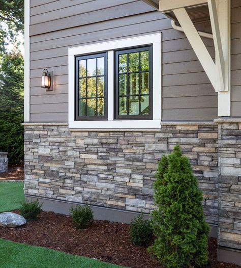 ranch style house with siding and stacked stone - Google Search Fake Stone Exterior House, Gray House With Stone Accent, Siding Stone Combinations, Siding And Stone Exterior Color Schemes, Versetta Stone Sterling, Versetta Stone Exterior, Siding And Stone Exterior, Ledgestone Exterior, Trimmed Windows