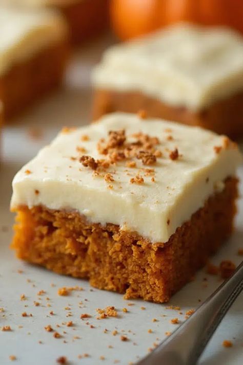 Old Fashioned Pumpkin Bars with Cream Cheese Frosting - Recipes Moms Pumpkin Bar Cream Cheese Frosting, Recipe For Pumpkin Bars With Cream Cheese Frosting, Pumpkin Pie Bars With Cream Cheese Icing, Pumpkin Bars Brown Sugar Frosting, Amish Pumpkin Bars, Pumpkin Cream Cheese Bars Recipe, Pumpkin Bars With Cream Cheese Frosting In Jelly Roll Pan, Paula Dean Pumpkin Bar, Pumpkin Bar With Cream Cheese Frosting