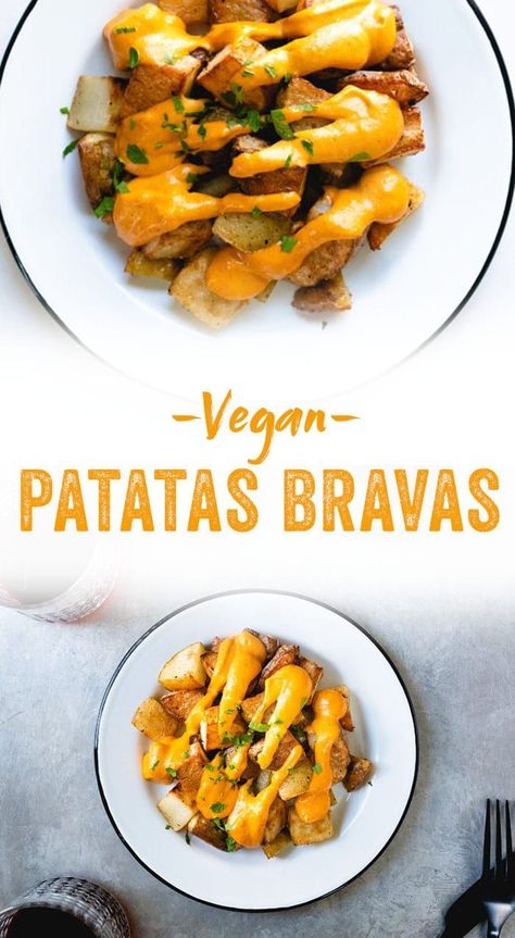 Patatas bravas are traditional Spanish tapas: fried potatoes with a warm sauce. This patatas bravas recipe is a vegan tapas rendition and just as delicious! #healthy #mealprep #vegan #tapas #vegantapas #healthytapas #patatas #patatasbravas #spanishfood #spain Vegan Tapas, Spanish Tapas, Healthy Vegan Snacks, Fried Potatoes, Vegetarian Dinner, Vegan Eating, Vegan Snacks, Vegan Dishes, Vegan Dinners