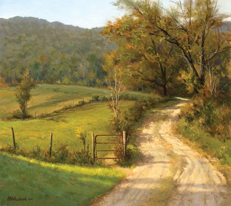 John Pototschnik, Rural Hideaway, oil, 25 x 28. - Southwest Art Magazine John Pototschnik, Lukisan Lanskap, Farm Paintings, Matka Natura, Landscape Photography Tips, Art Magazine, Country Scenes, Southwest Art, Dirt Road