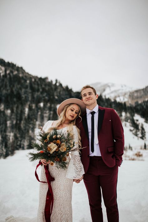 Maroon Wedding Suit, Maroon Wedding Dress, Maroon Suit, Groom Fashion, Maroon Wedding, Bride Groom Photos, Winter Elopement, Winter Bride, Winter Mountain