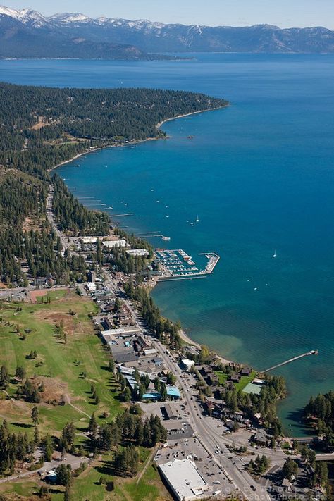 "Tahoe City Aerial 2" - Aerial photograph of Tahoe City and Lake Tahoe, shot from an amphibious seaplane with the door removed. Lake Tahoe Map, North California, Real Estate Pictures, West Coast California, Sweet California, Donner Lake, Tahoe Nevada, Shots Photography, Lakes In California