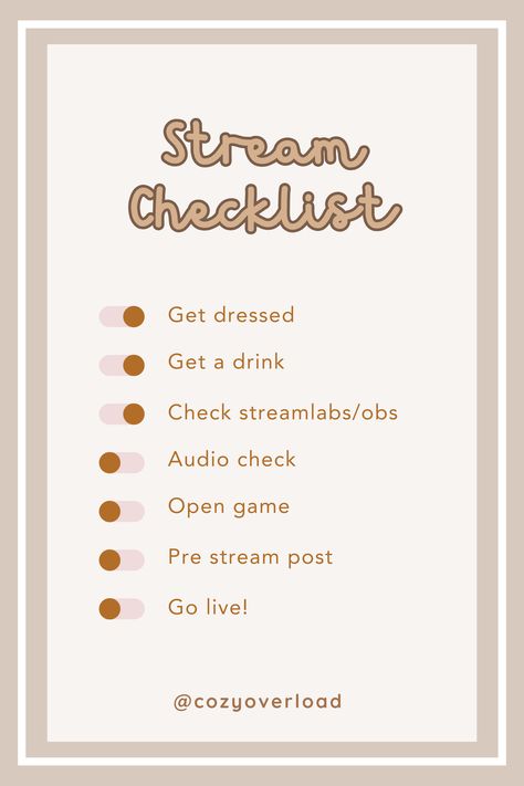 Pre-stream chechlist for new streamers. I always find it important to have some sort of routine before my streams so I don't forget anything. This is just my list but make your own and find a good routine to get everything in order so you don't wind up forgetting something. Shop overlays + panels for your streams on Cozy overload etsy! Stream Setup Aesthetic, Stream Overlay Ideas, Streaming Aesthetic, Streaming Ideas, Podcast Room, A Good Routine, Stream Ideas, Aesthetic Cottage Core, Twitch Streaming Setup