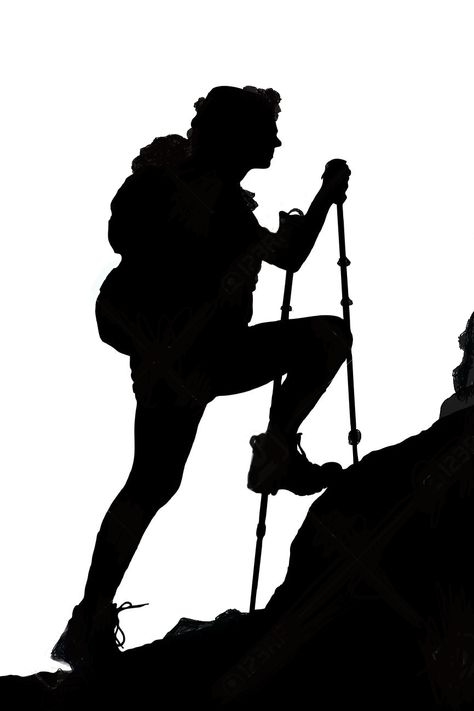 Trekking Tattoo, Snow Climbing, Hiking Silhouette, Hiker Silhouette, Camping Tattoo, Hiking Girl, Woman Hiking, Hiking Tattoo, Mountain Drawing